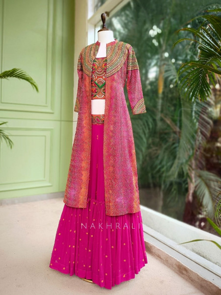 Aarvika Magenta Embroidered Gharara Set with Sequin & Gota Patti Jacket