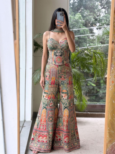 Banarasi Green Patchwork Flared Palazzo Set