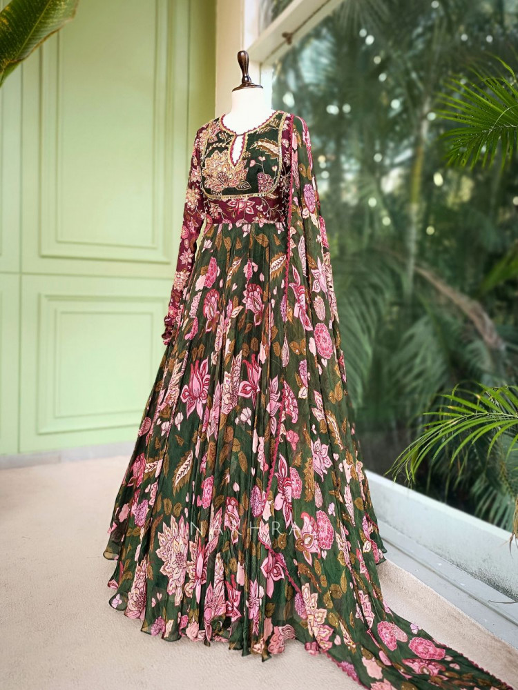 Image of Amara Green Floral Anarkali with Embroidered Dupatta