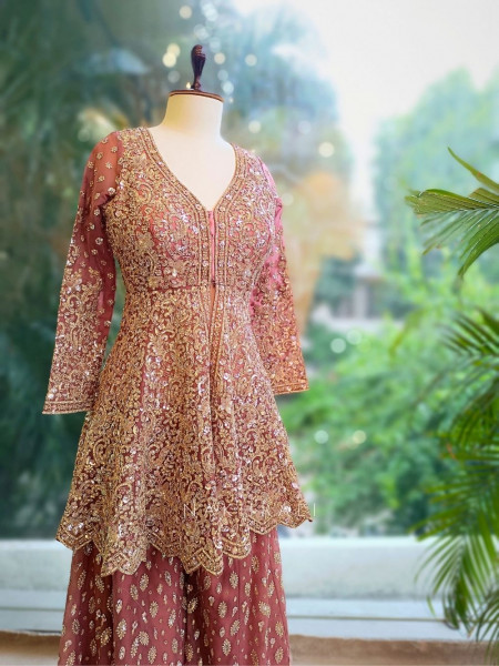 Rosewood Purple Kurta Palazzo Set with Zari and Sequin Embroidery