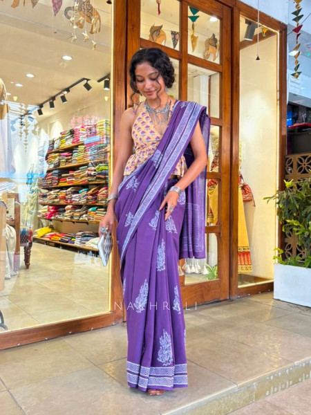 Kirmiz Purple Cotton Saree with Block Print
