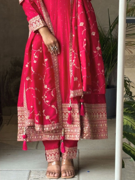 Crimson Glow Red Anarkali Suit with Zari & Sequin Work