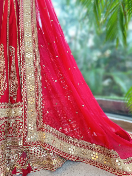 Mehraab Multicolor Pure Silk Bridal Lehenga Set With Zardozi Dabka & Gota Patti Work