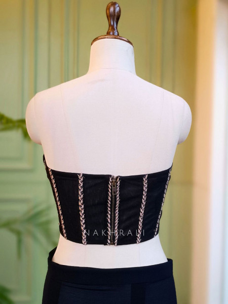 Sapphire Shadow Black Drape Saree with Embroidered Net Corset