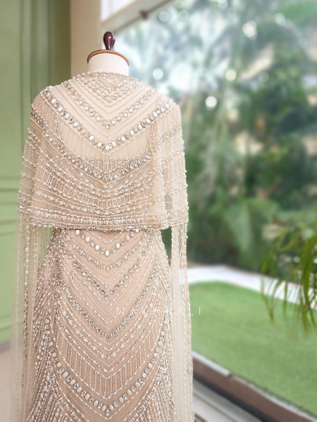 Ethereal Cascade Beige  Soft Net Indo-Western Gown
