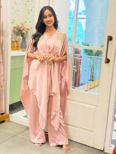 Seraphina Pink Kaftan Indo Western Dress with Cut Dana Pearl Sequin Work