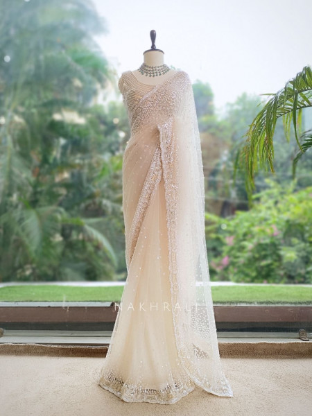 Alabaster Glitz Off-white French Net Designer Saree with Readymade Blouse