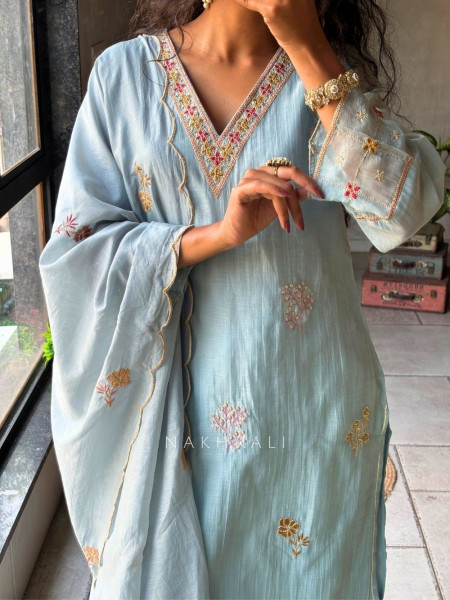 Mrinala Blue Suit Set with Floral Embroidery