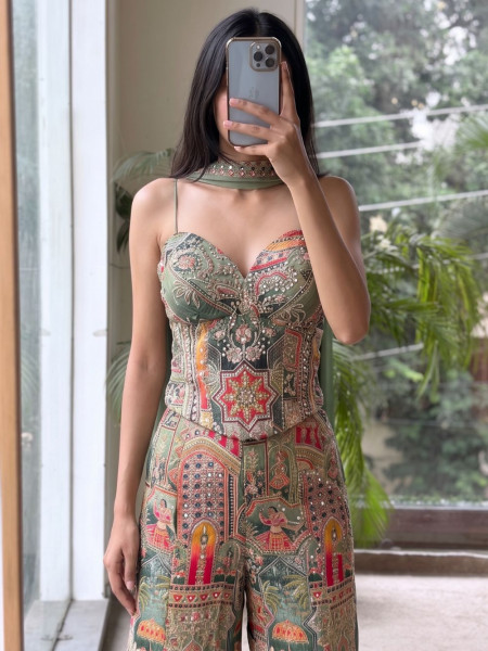 Banarasi Green Patchwork Flared Palazzo Set