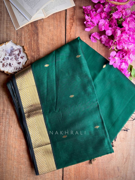Maahishmati Bottle Green Maheshwari Saree with Zari Border