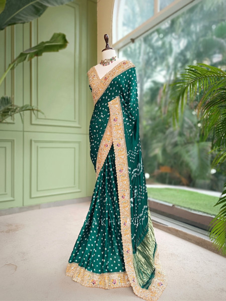 Bandhika Green Gaji Silk Bandhani Saree With Gota Patti, Zardosi & Mirror Work