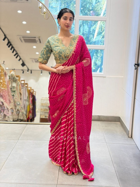 Bindu Rekha Magenta Saree with Bandhej Print and Gota Border