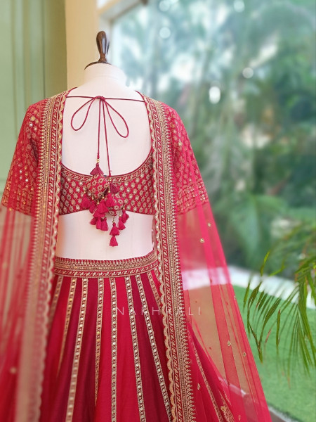 Mehraab Multicolor Pure Silk Bridal Lehenga Set With Zardozi Dabka & Gota Patti Work