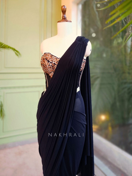 Sapphire Shadow Black Drape Saree with Embroidered Net Corset