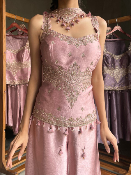 Rosette Pink Tissue Silk Corset Palazzo Set