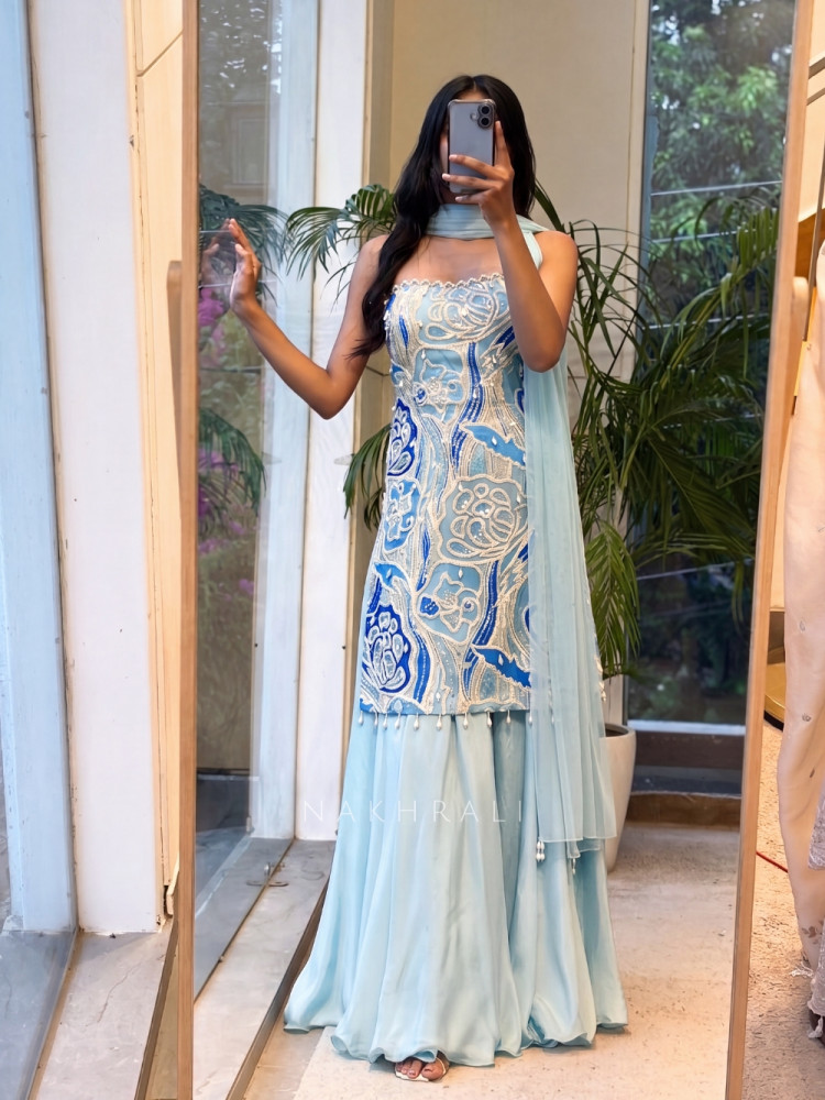 Image of Sunset Blue Palazzo Suit Set With Floral Print &amp; Embroidery