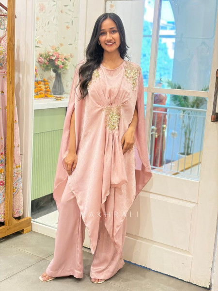 Seraphina Pink Kaftan Indo Western Dress with Cut Dana Pearl Sequin Work