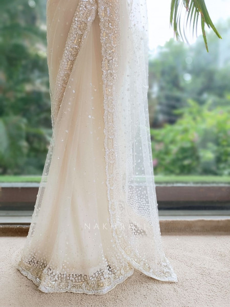 Alabaster Glitz Off-white French Net Designer Saree with Readymade Blouse
