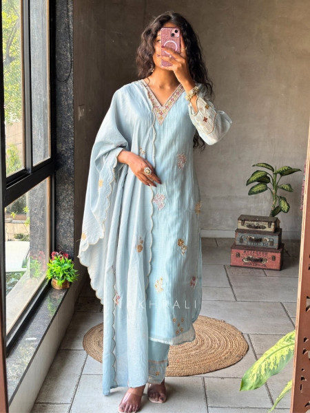 Mrinala Blue Suit Set with Floral Embroidery