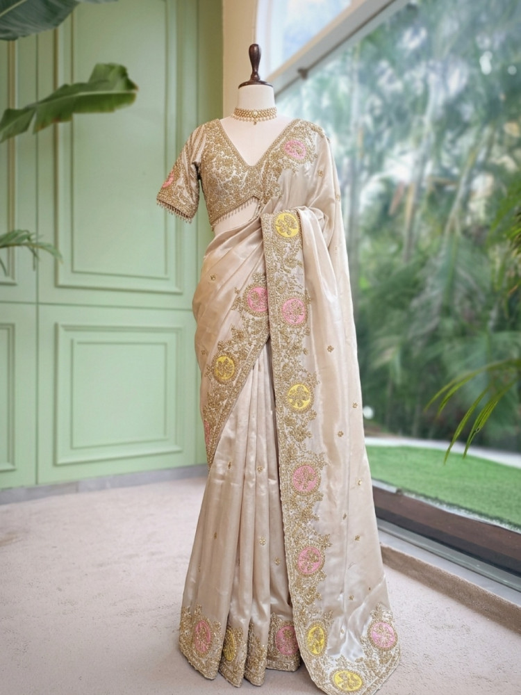 Image of Kanakmedha Beige Silk Saree with Pink &amp; Yellow Medallion Zari Work and Zardozi Embroidered Readymade Blouse