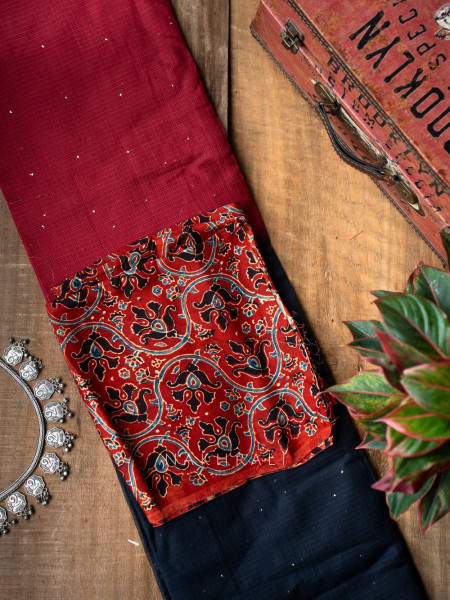 Vasu Handwoven Red and Black Kota Saree with Cotton Satin Blouse
