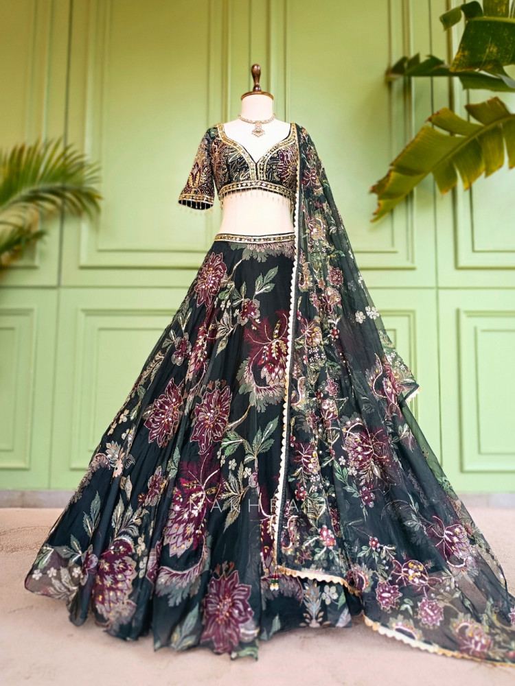 Image of Nyx Zinnia Green Organza Silk Lehenga Set