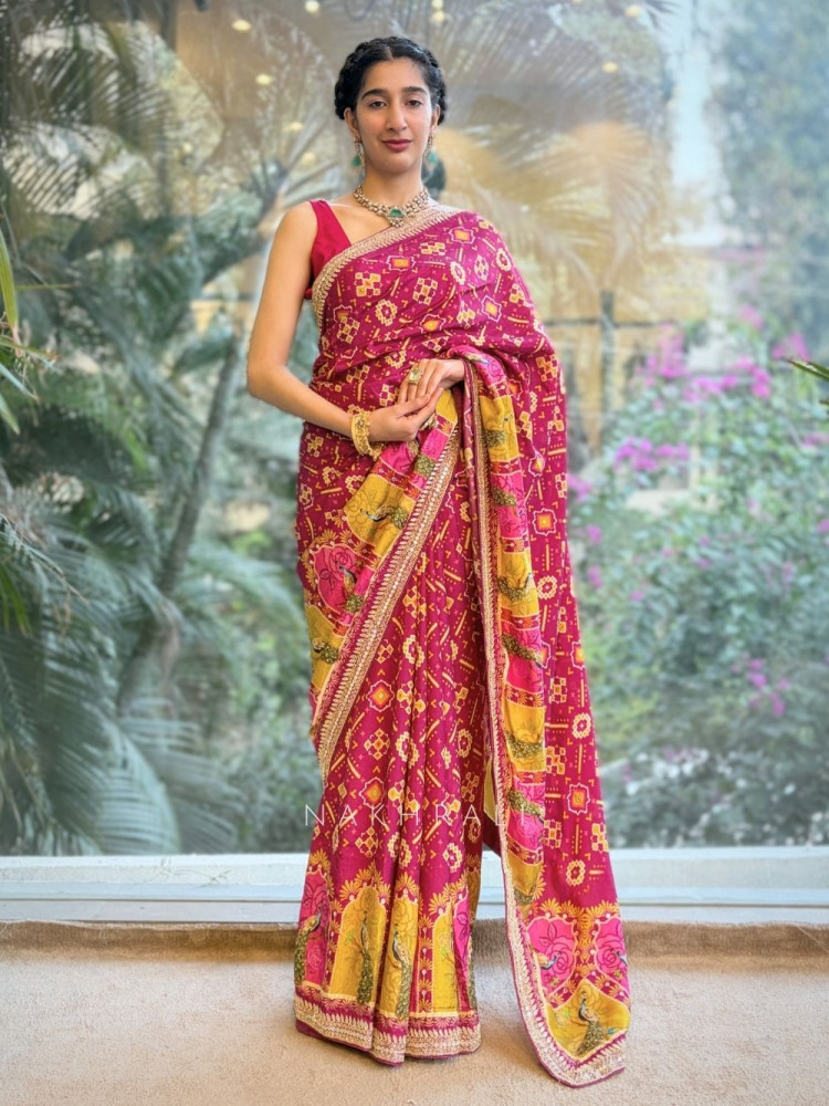 Image of Rangbhaav Wine Printed Saree with Gota Patti Border