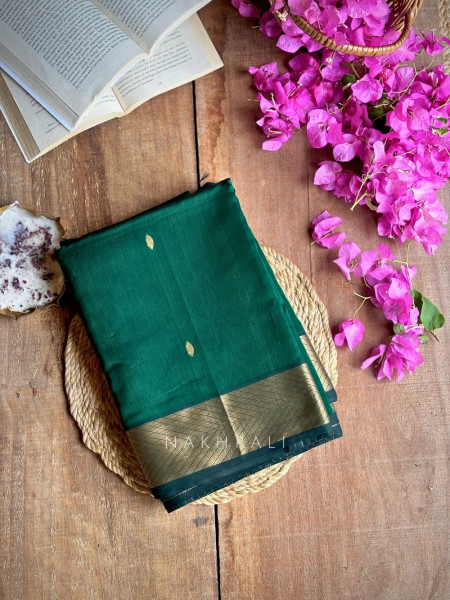 Maahishmati Bottle Green Maheshwari Saree with Zari Border