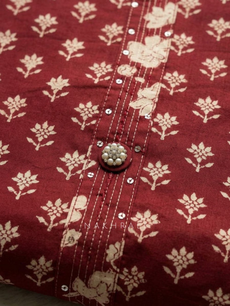 Dhaara Red Cotton Dress Material with Block Print