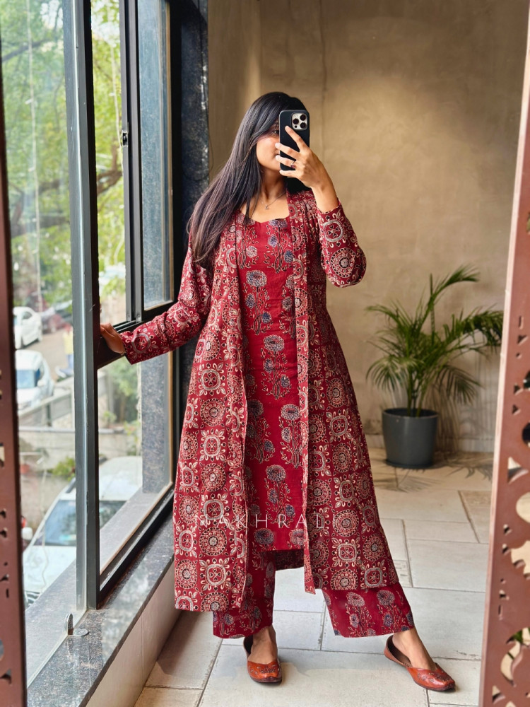 Image of Autumn Maroon Cotton  Co-ord Set with Long Jacket