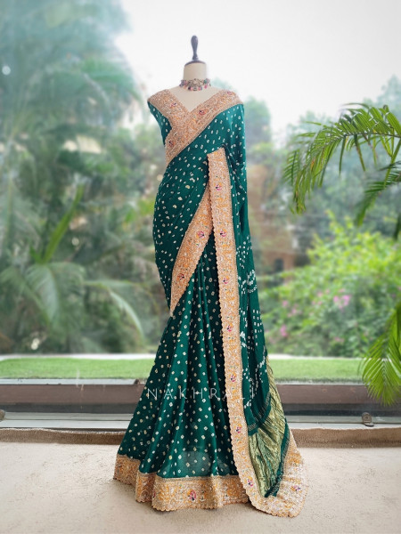 Bandhika Green Gaji Silk Bandhani Saree With Gota Patti, Zardosi & Mirror Work