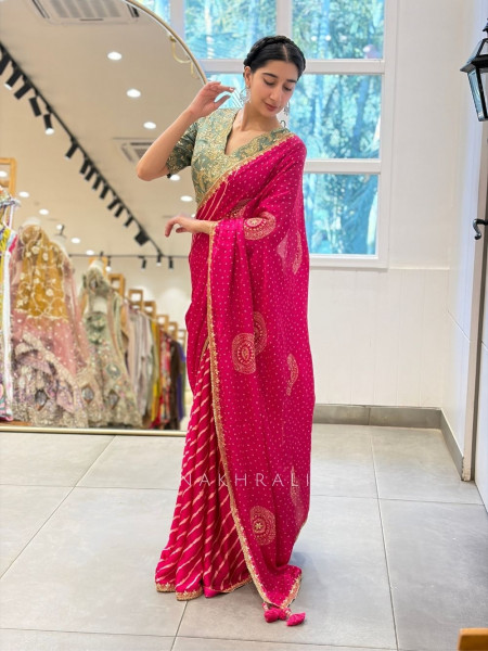 Bindu Rekha Magenta Saree with Bandhej Print and Gota Border