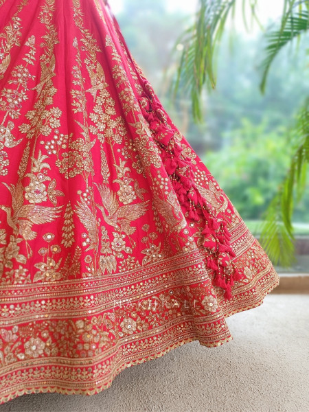 Rivisha Red Pure Raw Silk Bridal Lehenga Set With Reshma Zardozi & Peacock Embroidery
