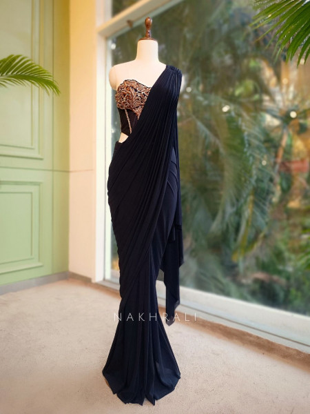 Sapphire Shadow Black Drape Saree with Embroidered Net Corset