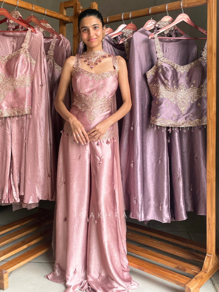 Image of Rosette Pink Tissue Silk Corset Palazzo Set