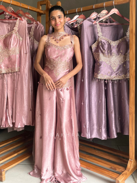 Rosette Pink Tissue Silk Corset Palazzo Set