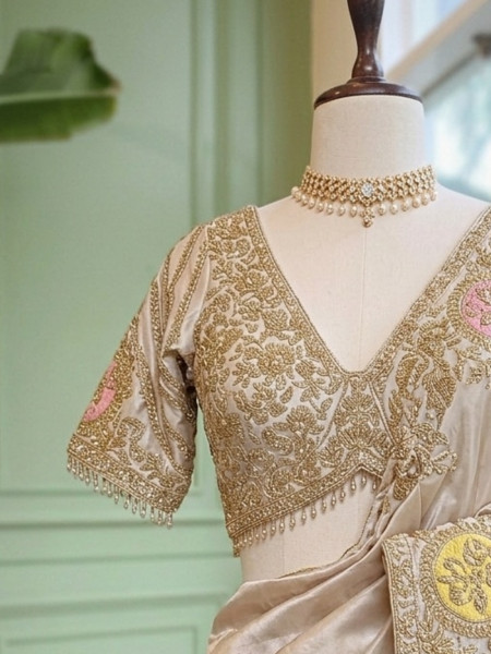 Kanakmedha Beige Silk Saree with Pink & Yellow Medallion Zari Work and Zardozi Embroidered Readymade Blouse