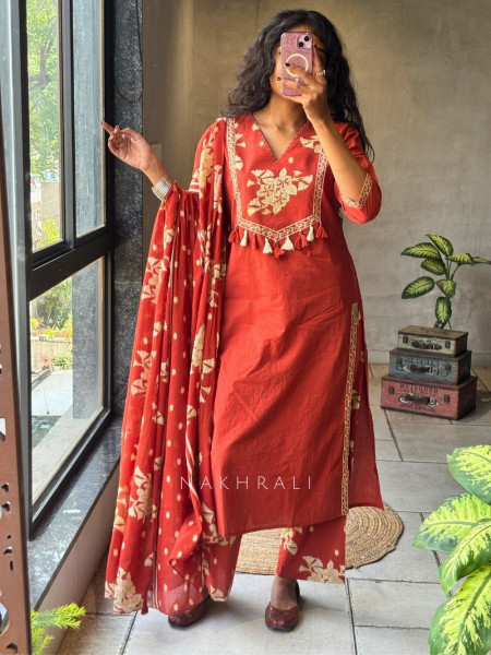 Kavishi Orange Cotton Suit Set with Floral Yoke Detail