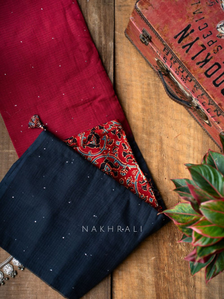 Vasu Handwoven Red and Black Kota Saree with Cotton Satin Blouse