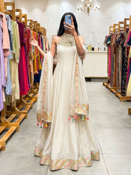 Kanakrekha Beige Chanderi Silk Indo-Western Anarkali Set With Zardozi Halter Yoke