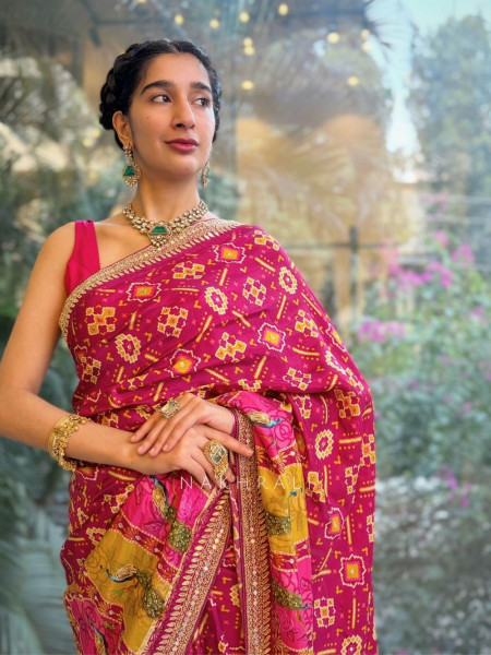 Rangbhaav Wine Printed Saree with Gota Patti Border