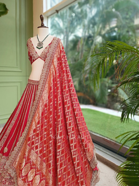 Vaidehi Royal Red Raw Silk Unstitched Bridal Lehenga – Zardozi, Pitta & Zari Work