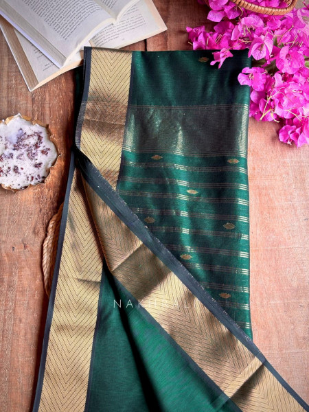 Maahishmati Bottle Green Maheshwari Saree with Zari Border