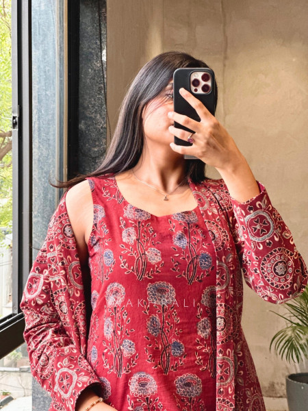 Autumn Maroon Cotton  Co-ord Set with Long Jacket