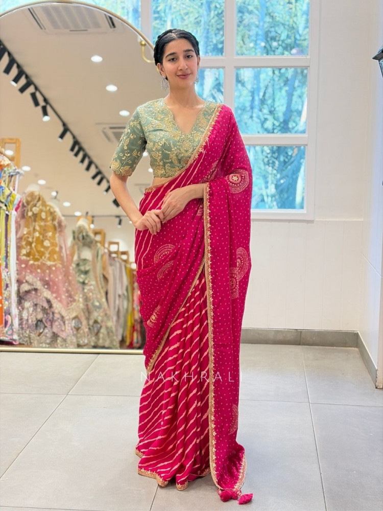 Image of Bindu Rekha Magenta Saree with Bandhej Print and Gota Border