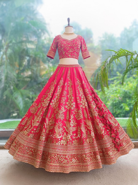 Rivisha Red Pure Raw Silk Bridal Lehenga Set With Reshma Zardozi & Peacock Embroidery