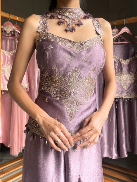 Rosette Purple Tissue Silk Corset Palazzo Set