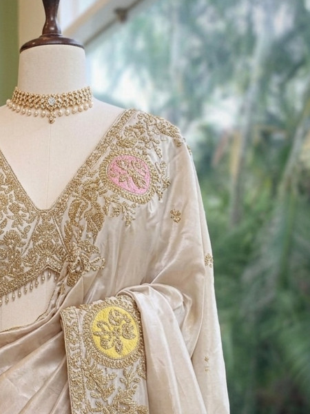 Kanakmedha Beige Silk Saree with Pink & Yellow Medallion Zari Work and Zardozi Embroidered Readymade Blouse