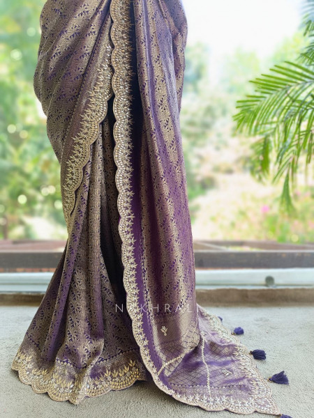 Rajleela Purple Banarasi Brocade Silk Saree with Gota Border