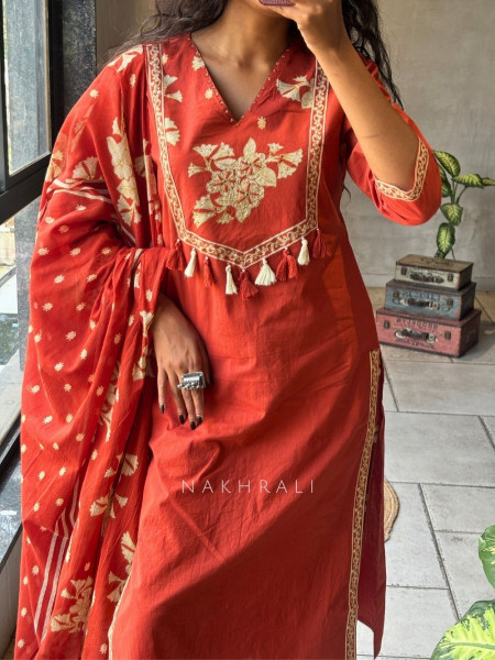 Kavishi Orange Cotton Suit Set with Floral Yoke Detail